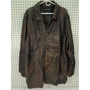 Vintage Eddie Bauer Men's Brown Distressed Leather Car Coat Jacket XXL